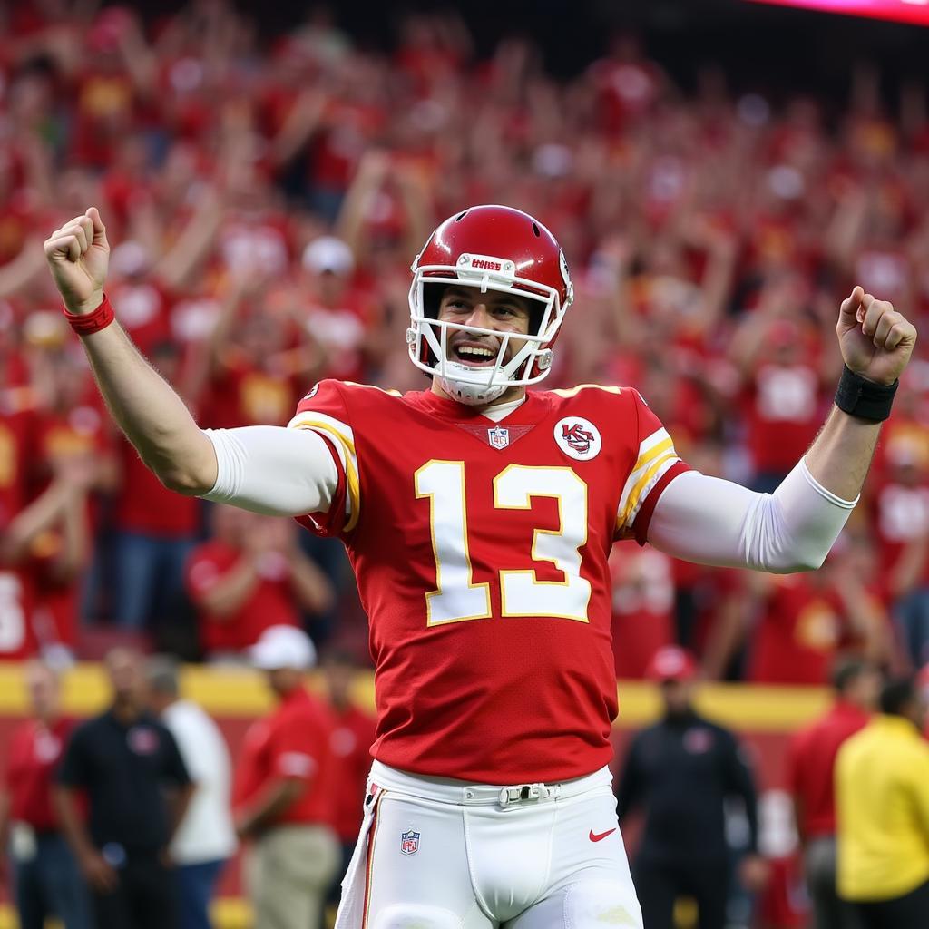 Patrick Mahomes celebrating with Kansas City Chiefs fans