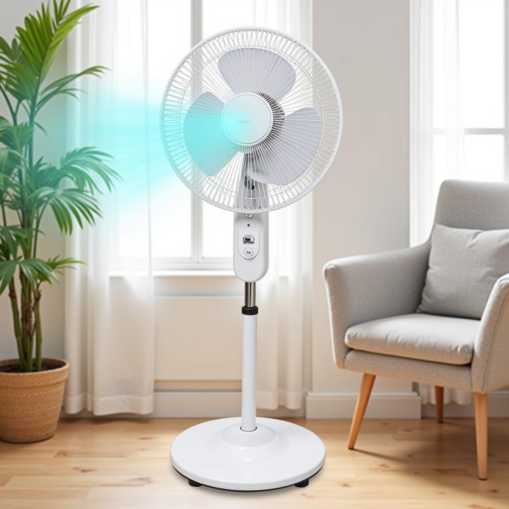 Pedestal fan oscillating in a brightly lit room