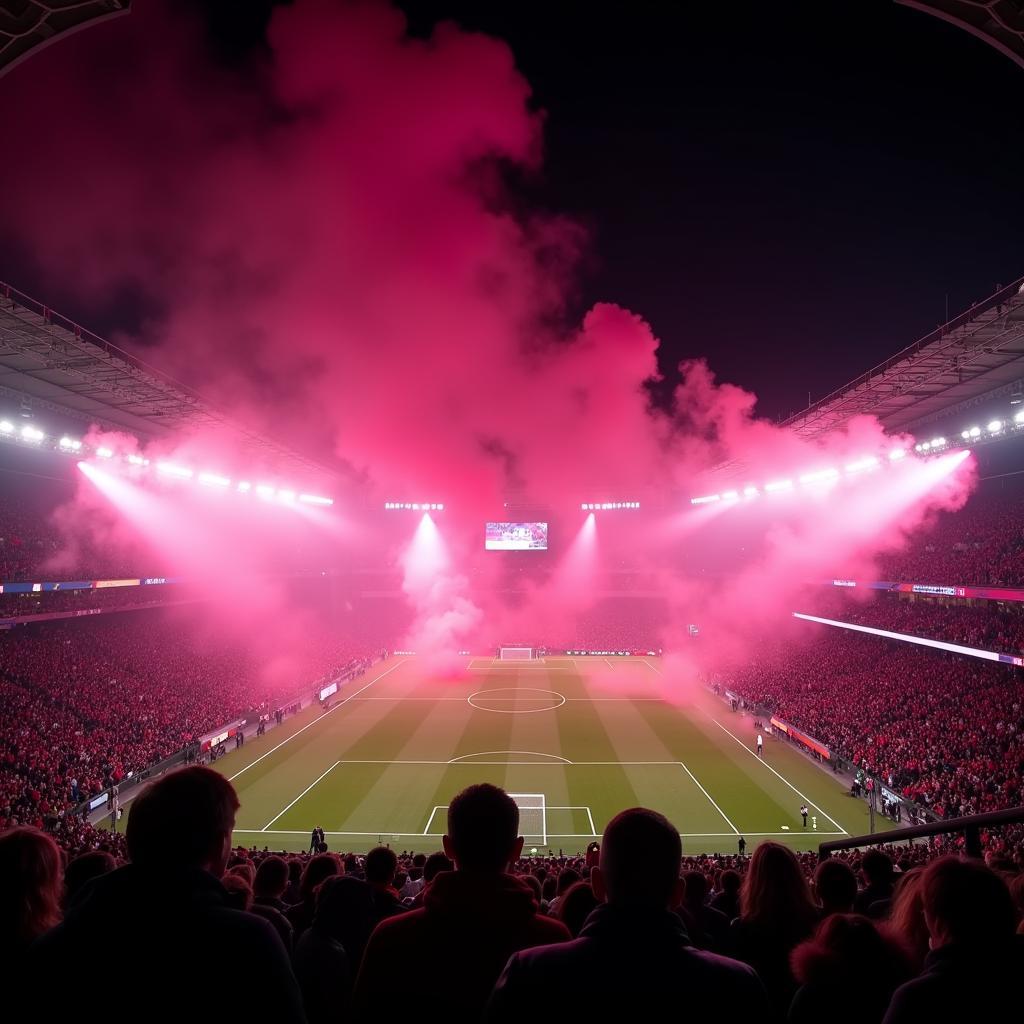 Football stadium lit with pink flares