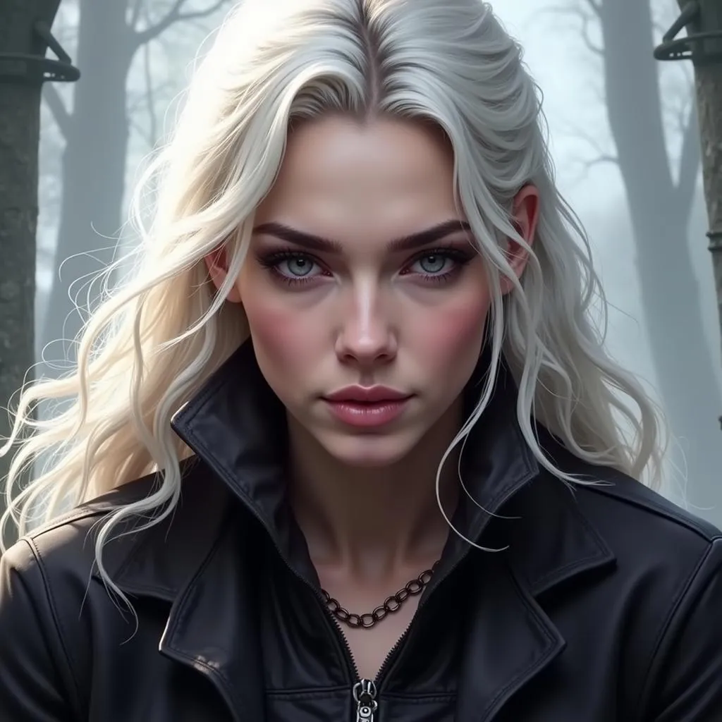 Yennefer from The Witcher fan art with platinum blonde hair and a powerful gaze