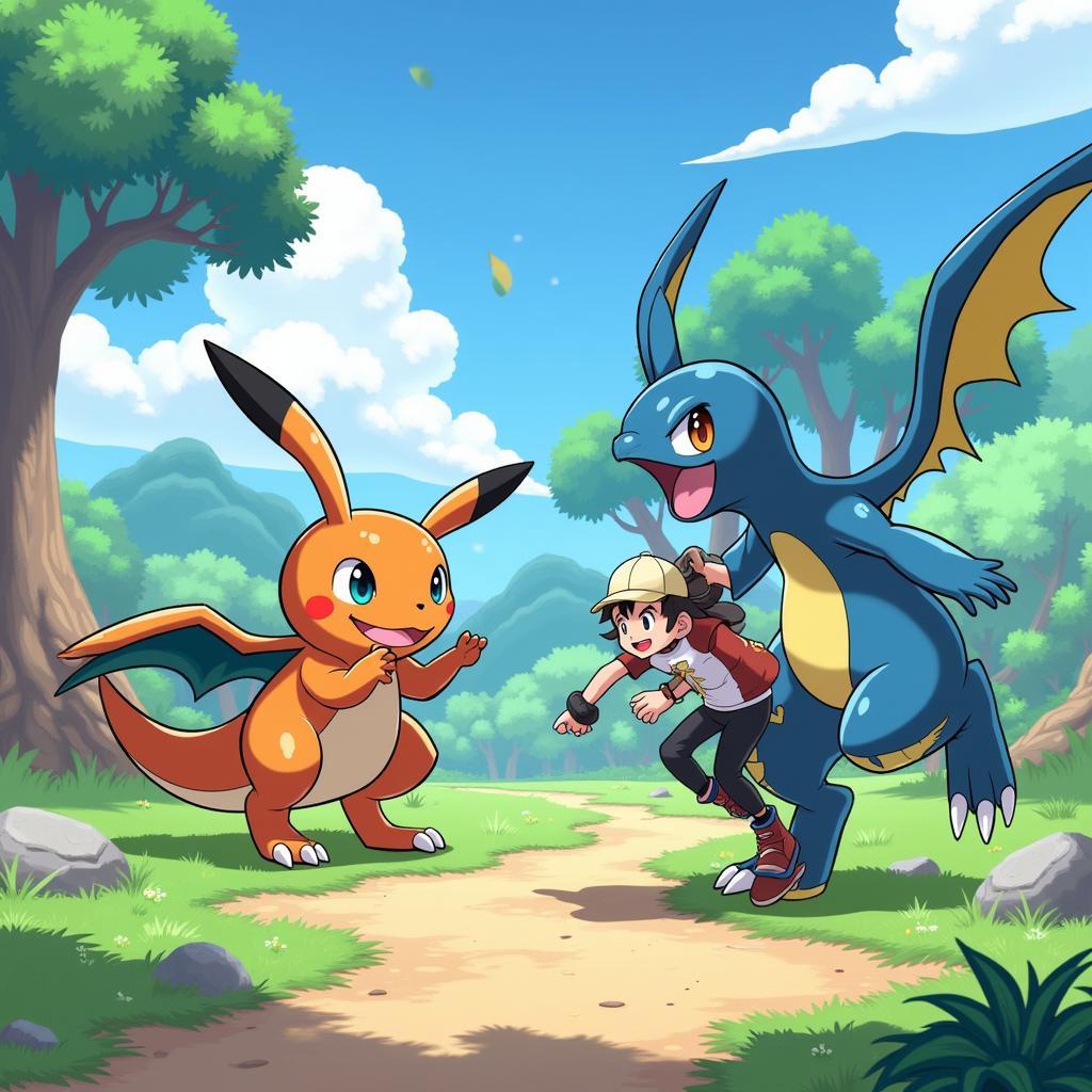 Pokemon fan game screenshot showing a unique battle scene