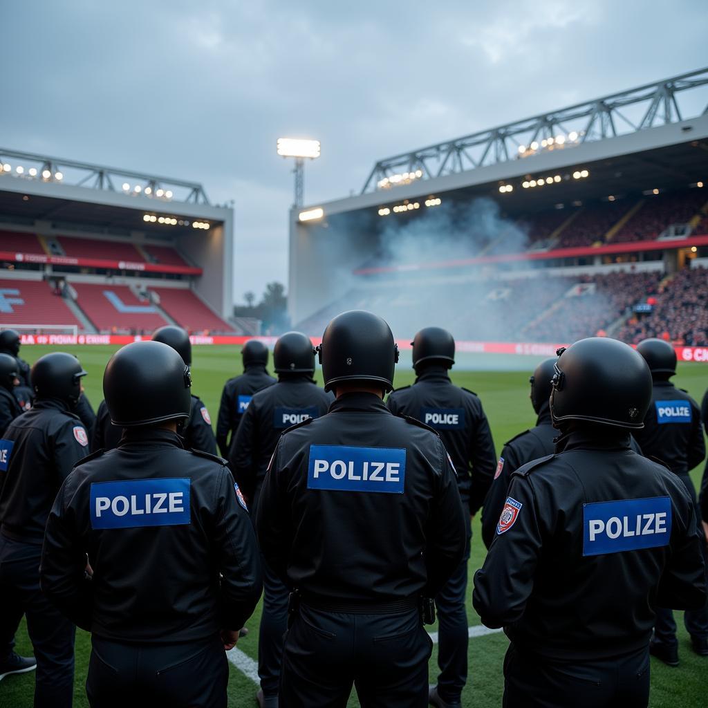 A line of police officers maintaining order at a football match