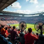 Portable fans being used by fans in a crowded football stadium