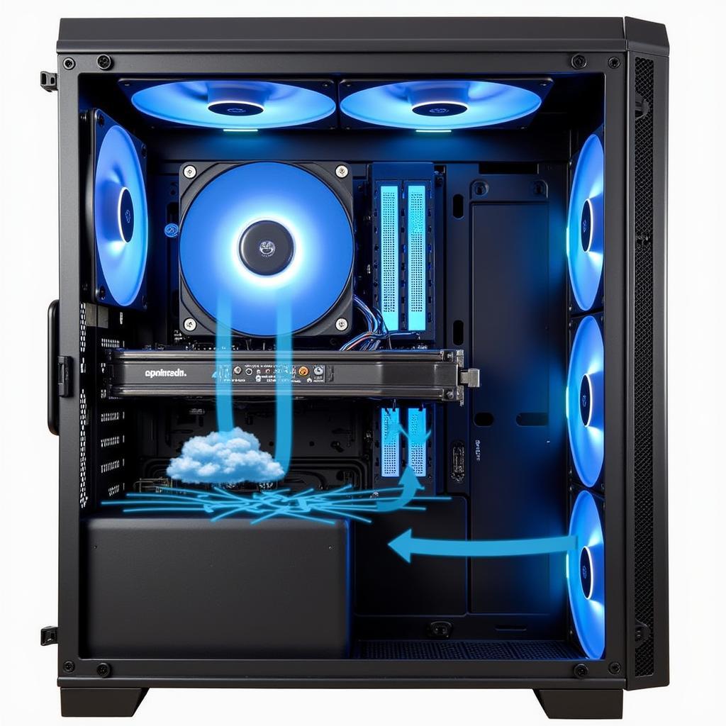 Positive Air Pressure PC Case: Demonstrating how a higher number of intake fans compared to exhaust fans creates positive pressure within the case, minimizing dust accumulation and optimizing cooling.