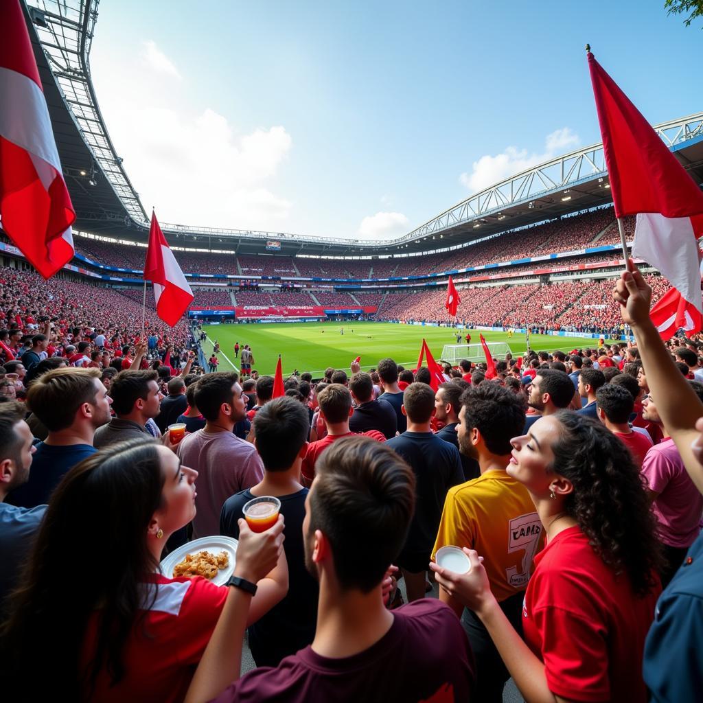 Football fans engaging in pre-match rituals before entering the stadium.