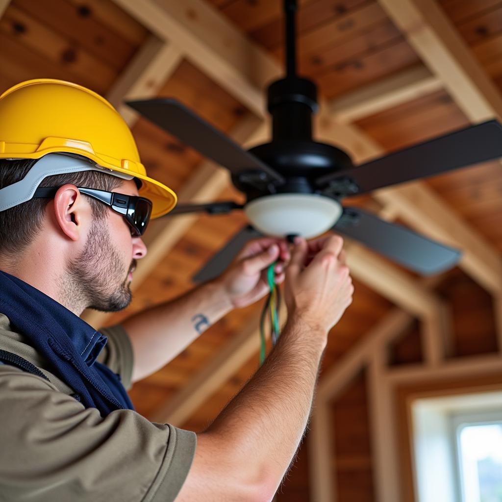 Professional electrician installing an attic fan