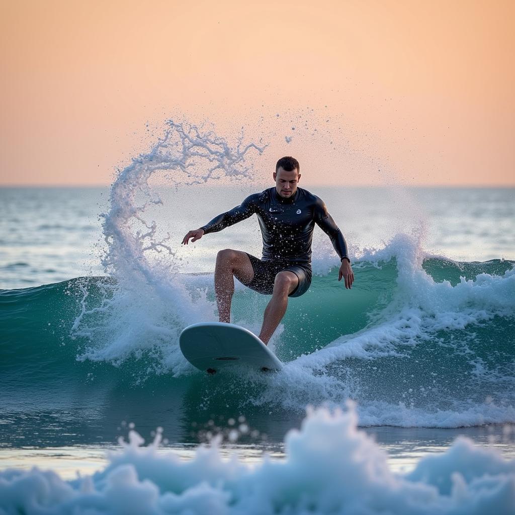 Professional surfer showcasing a perfect twilight fanning