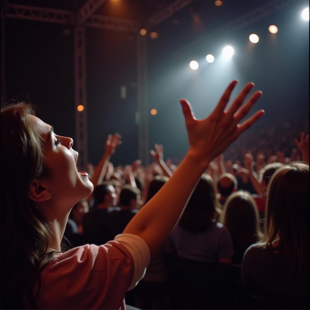 Fan making a protective gesture towards a stage