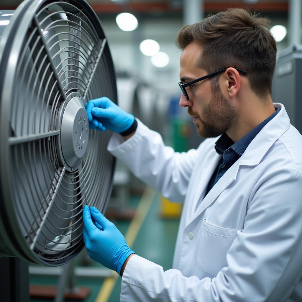 Quality control inspection at electric fan factory