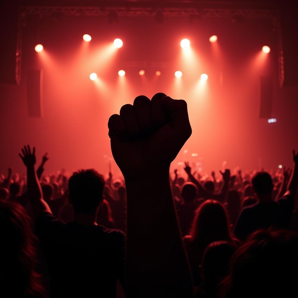 Silhouette of a raised fist amidst a concert crowd