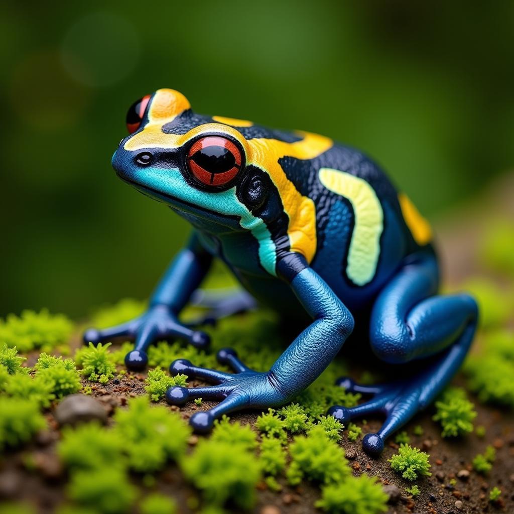 A close-up photo of a brightly colored poison dart frog perched on a leaf