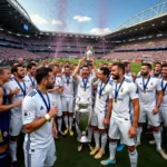 Real Madrid players celebrating a Champions League victory