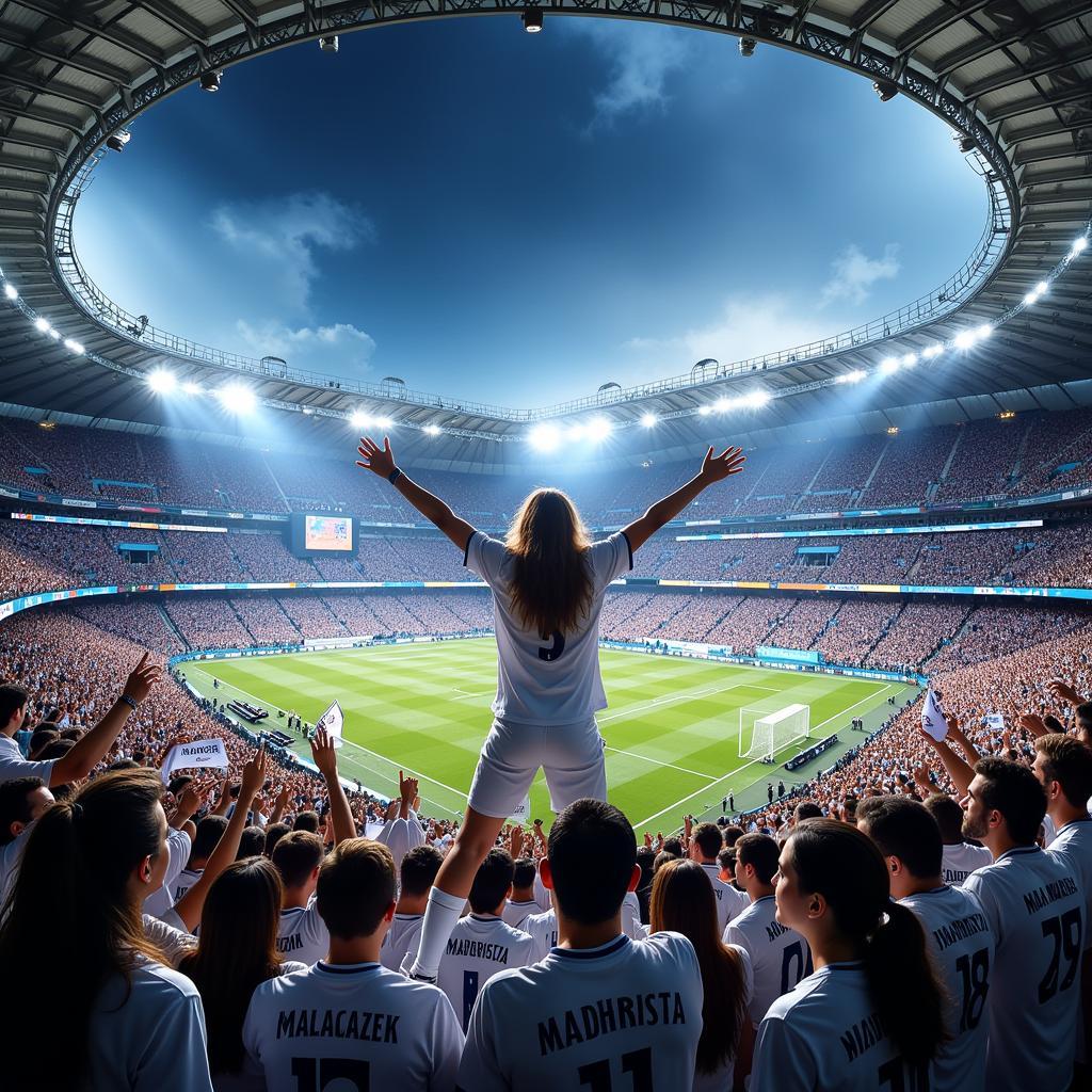 Real Madrid fans celebrating at the Bernabéu stadium