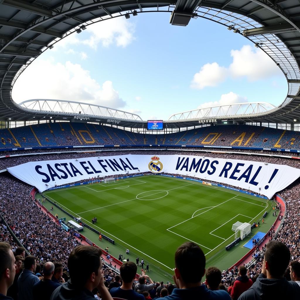 Real Madrid fans displaying a banner in support of their team