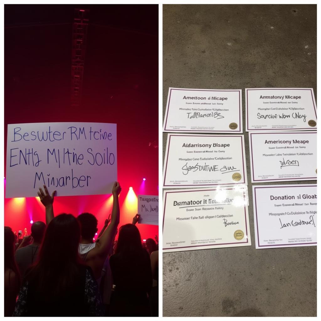 Fans holding banners for RM's solo projects and certificates for charity donations