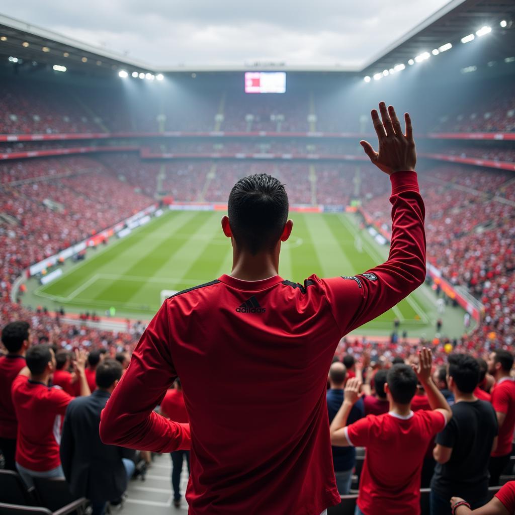 Cristiano Ronaldo waving to fans in a crowded stadium