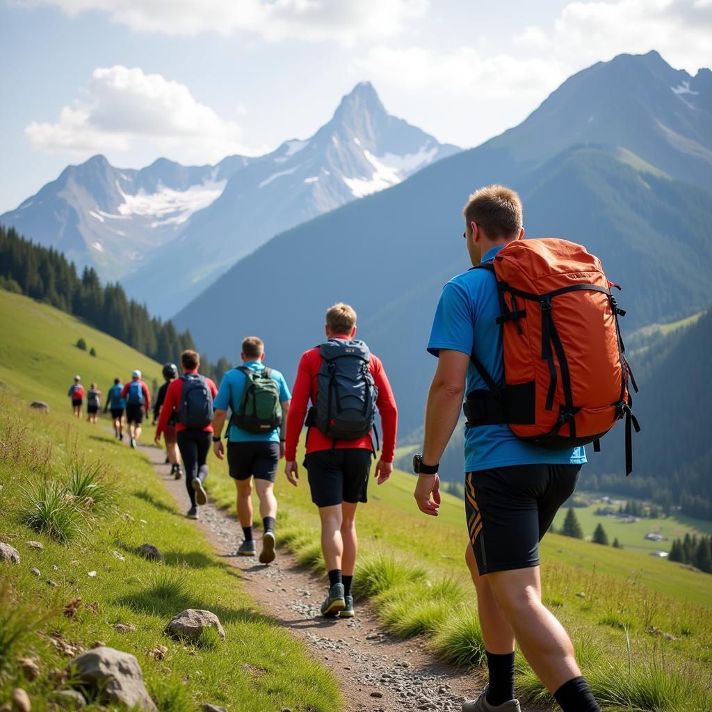 Individuals training with weighted backpacks on hilly terrain