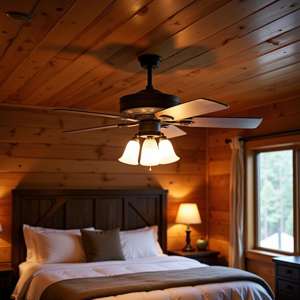 Rustic ceiling fan with light fixture in a bedroom with wood-paneled walls, adding to the cozy mountain ambiance