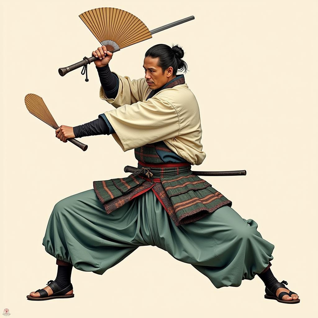 A samurai demonstrating the use of a war fan in combat, showcasing its versatility.