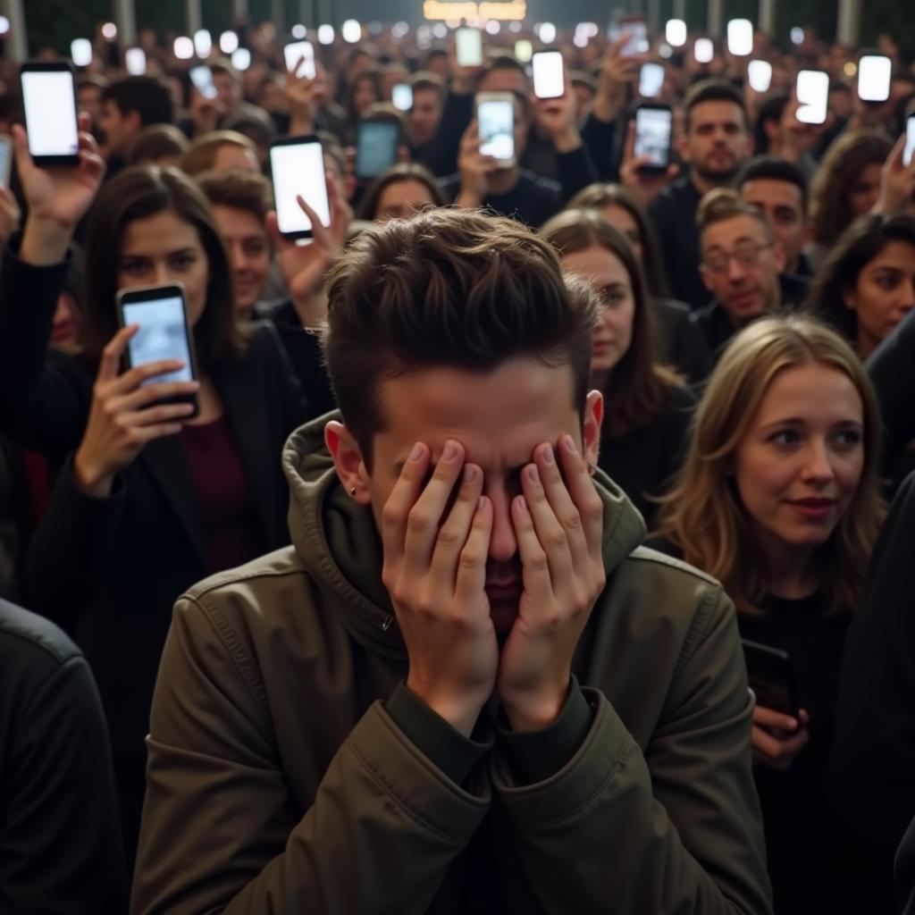 A distressed individual being surrounded by a group of people with cameras.