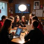 Students recording a fan tv segment in a school studio