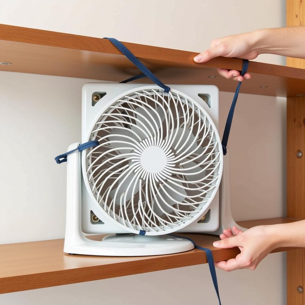 a fan being secured to a shelf using zip ties