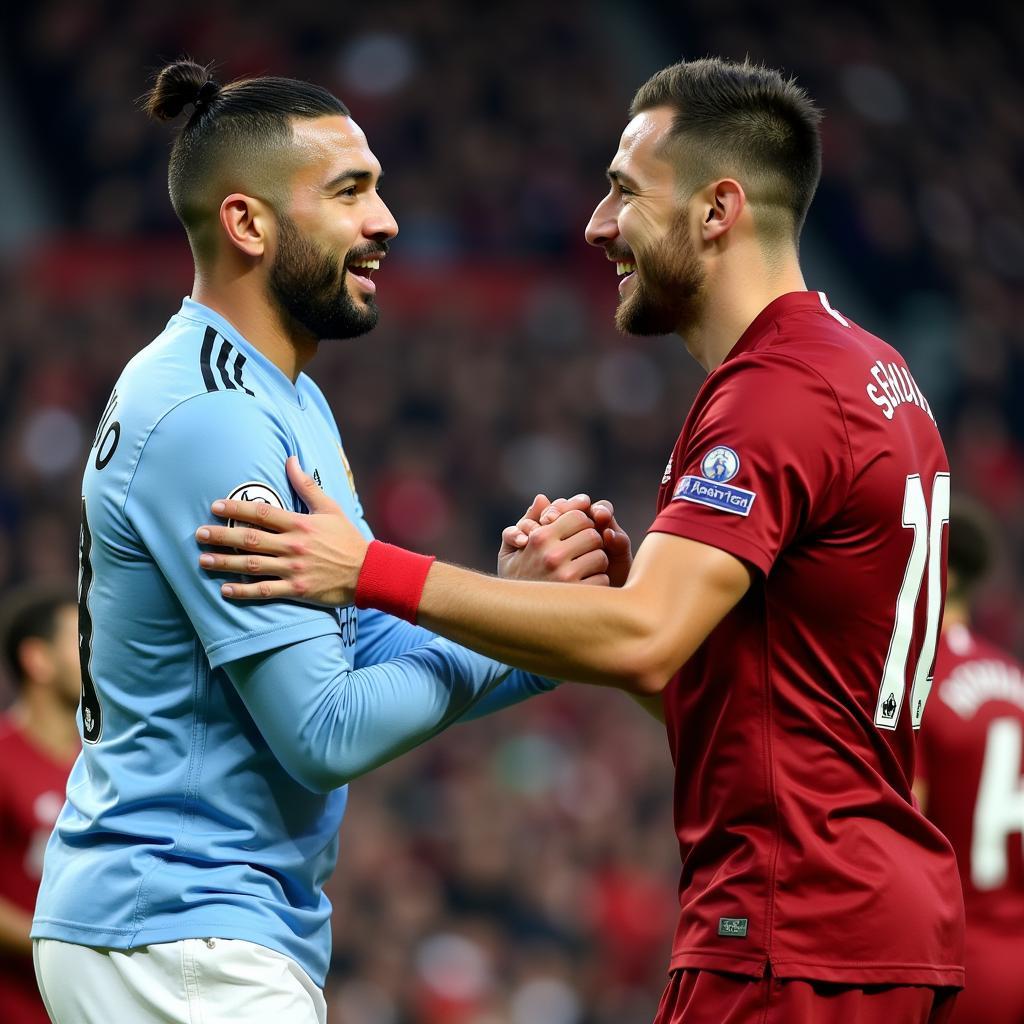 Sergio Aguero shaking hands with a Liverpool player after a match