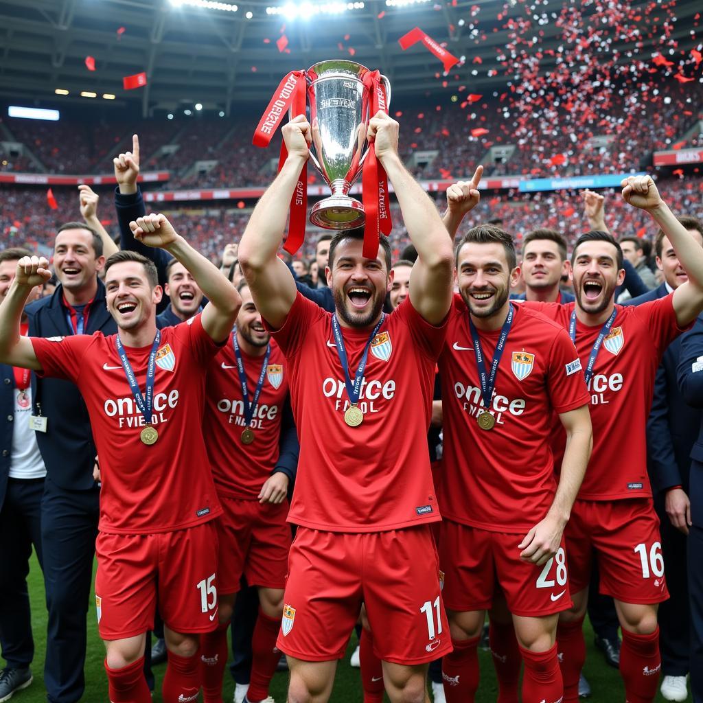 Sevilla players celebrate winning the Europa League trophy