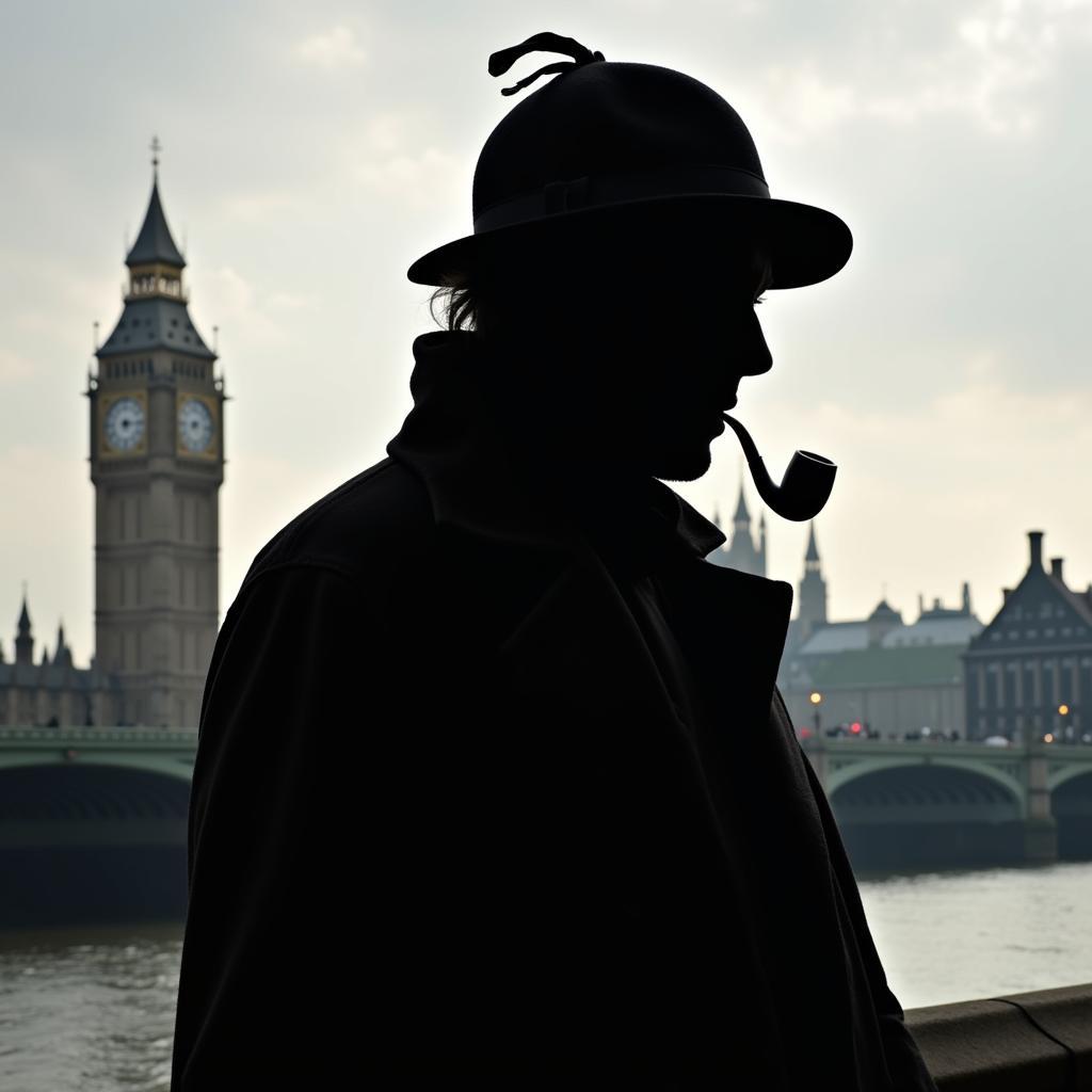 A silhouette of Sherlock Holmes against a backdrop of London