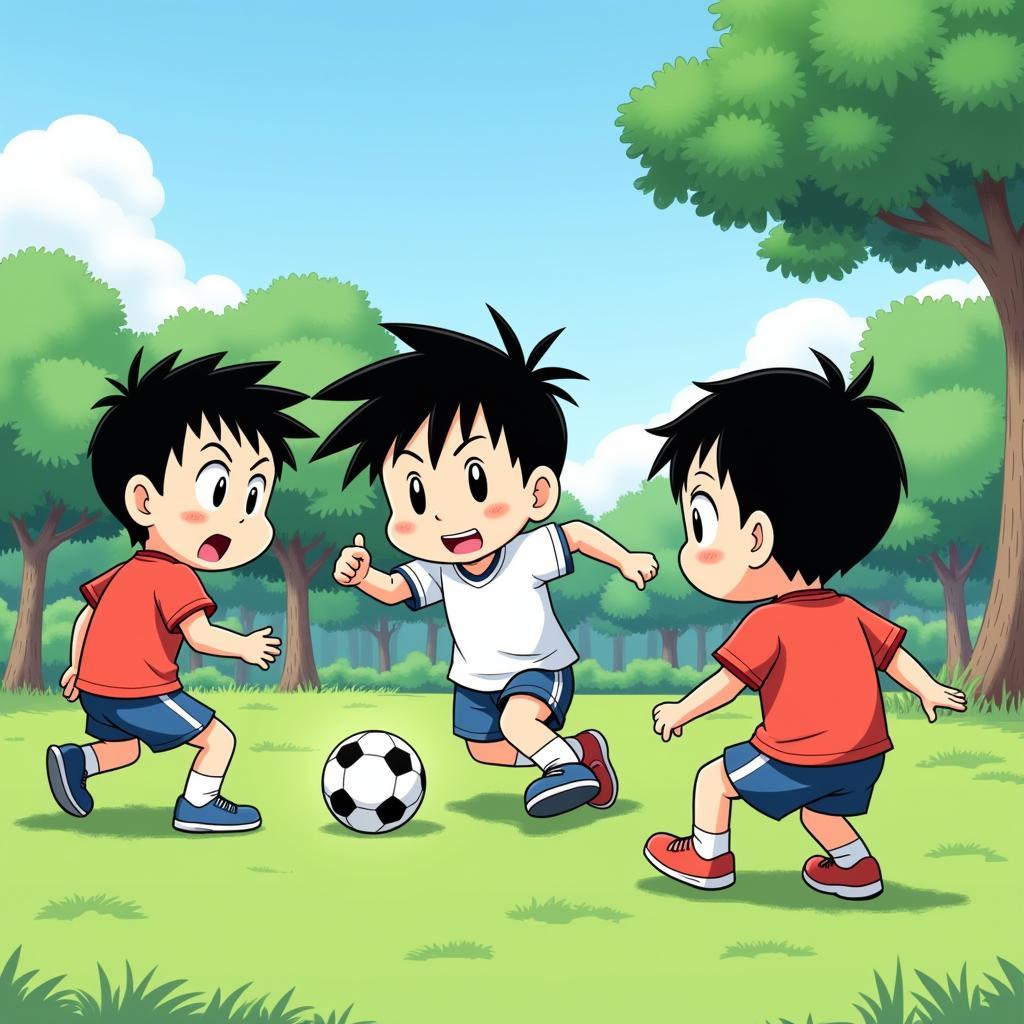 Shin-chan engaged in a spirited game of football with his friends in the park