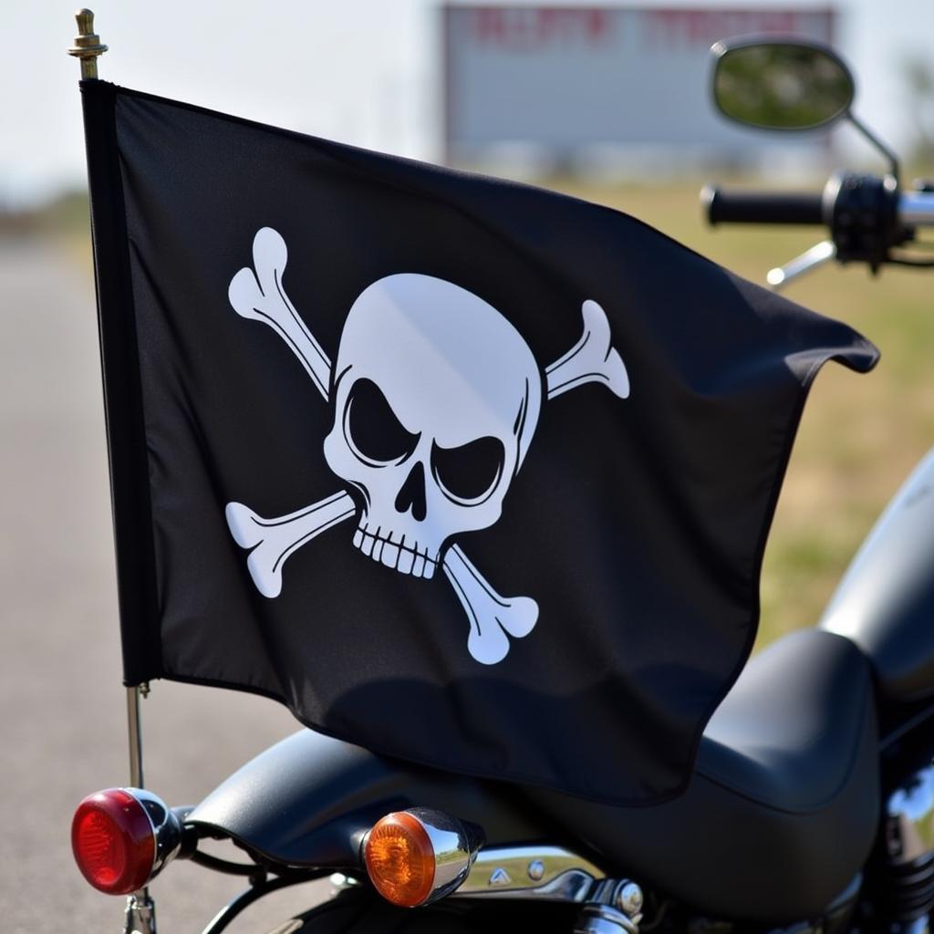 Black flag with skull and crossbones on a motorcycle