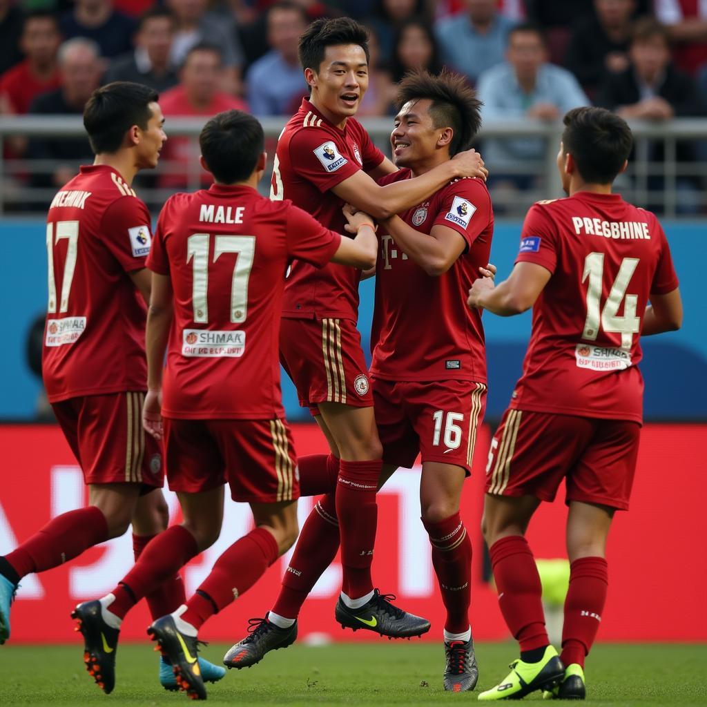 Son Tung celebrating a goal with his teammates