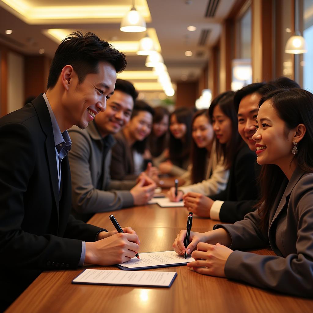 Sơn Tùng interacting with fans during a meet-and-greet event