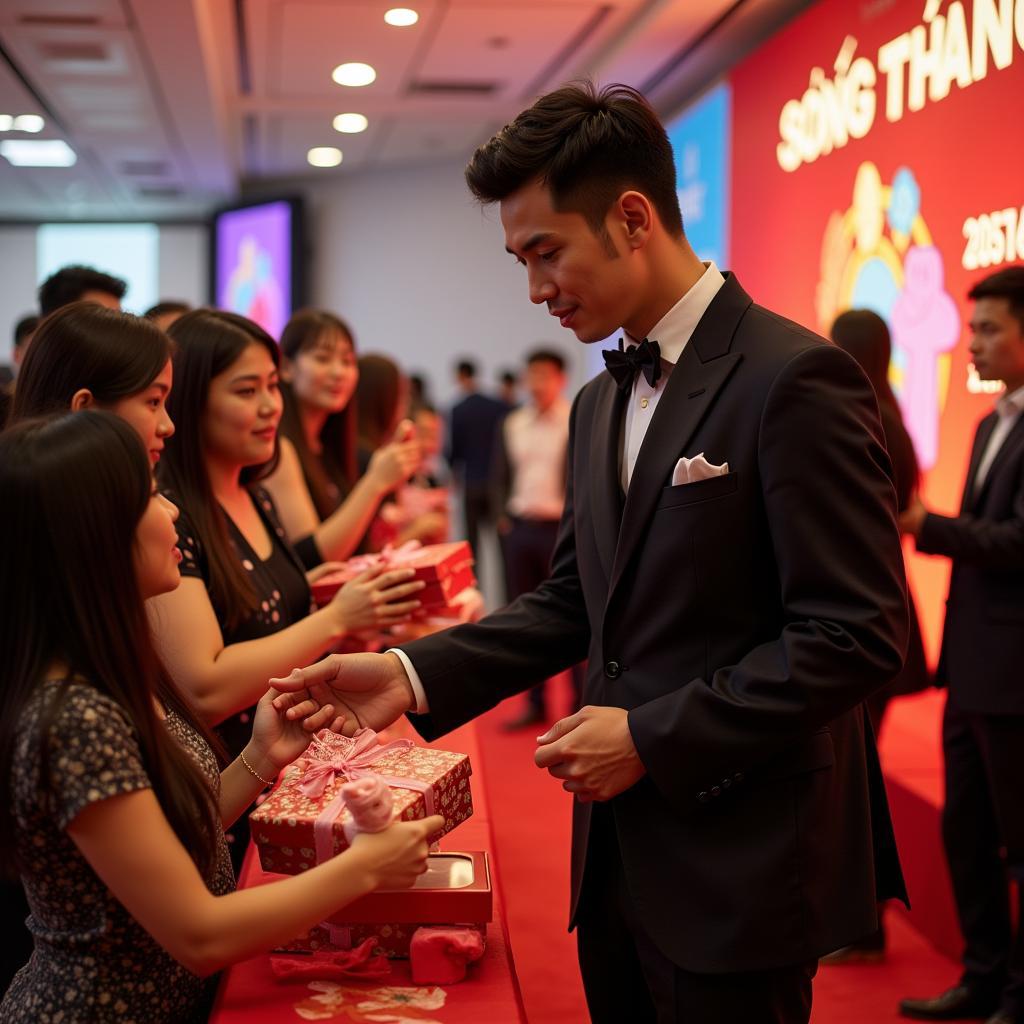 Son Tung M-TP receiving gifts from fans at an event