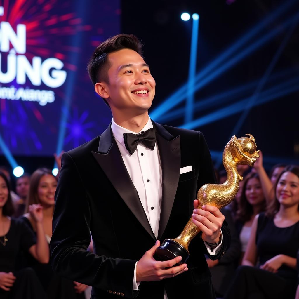 Son Tung M-TP graciously accepts an award on stage, acknowledging the support of his fans