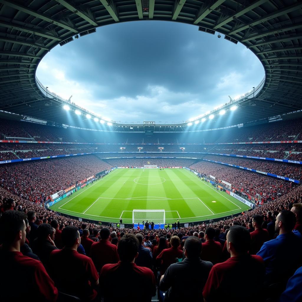  A capacity crowd cheering during a football match