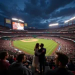 Couple getting engaged at a packed stadium