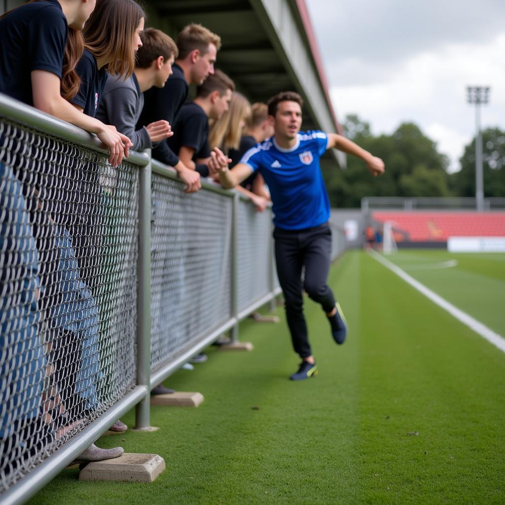 A stainless steel fan barrier effectively deters a fan from entering the field during a match