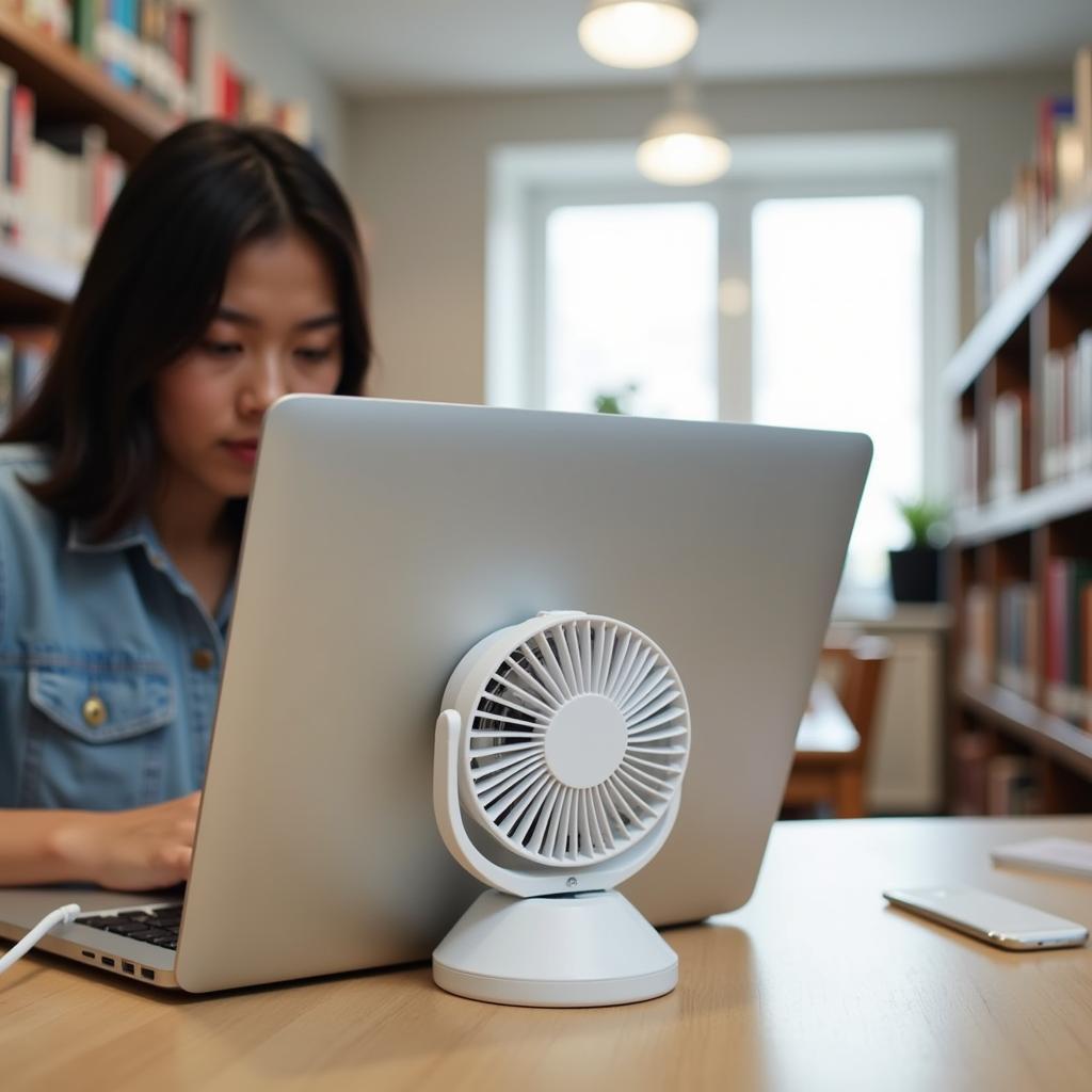 Student Using Foldable Laptop Fan in Library