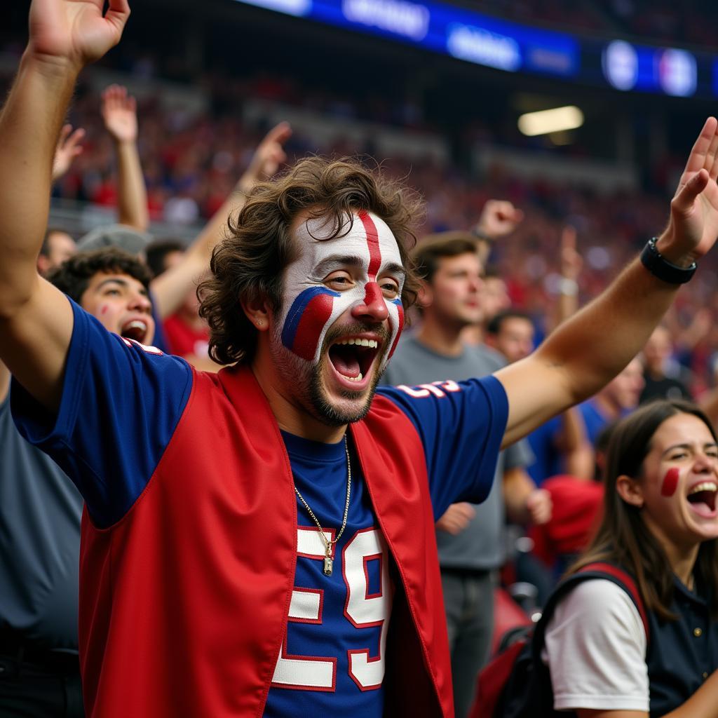 A super fan with face paint cheering enthusiastically in a crowded stadium