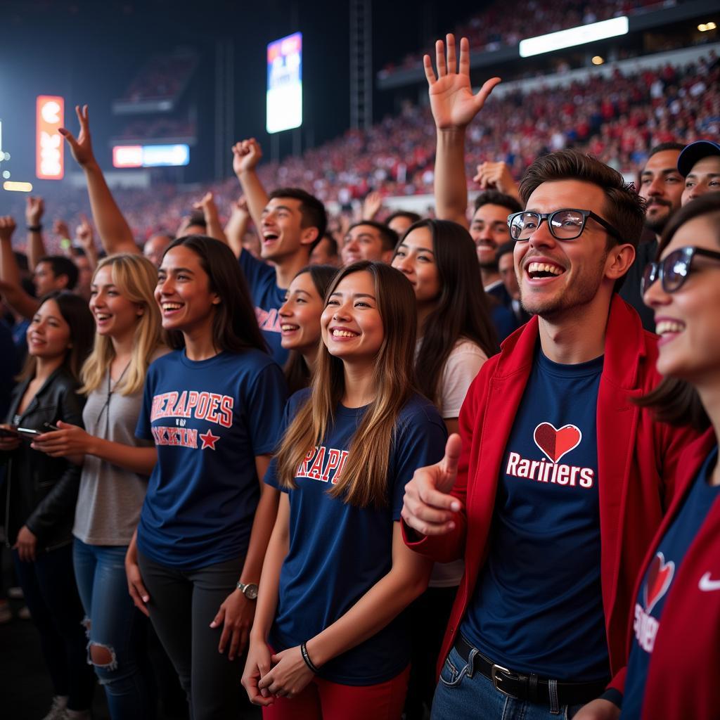 A group of superfans celebrating together at a live event.