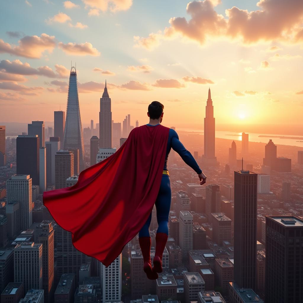 Bright and futuristic cityscape of Metropolis with Superman in flight