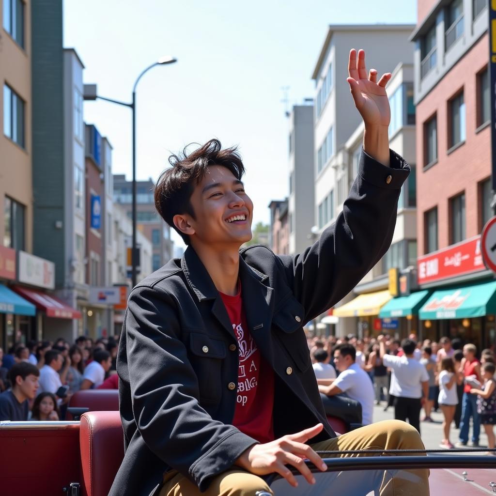 V Waving to Fans During a Parade