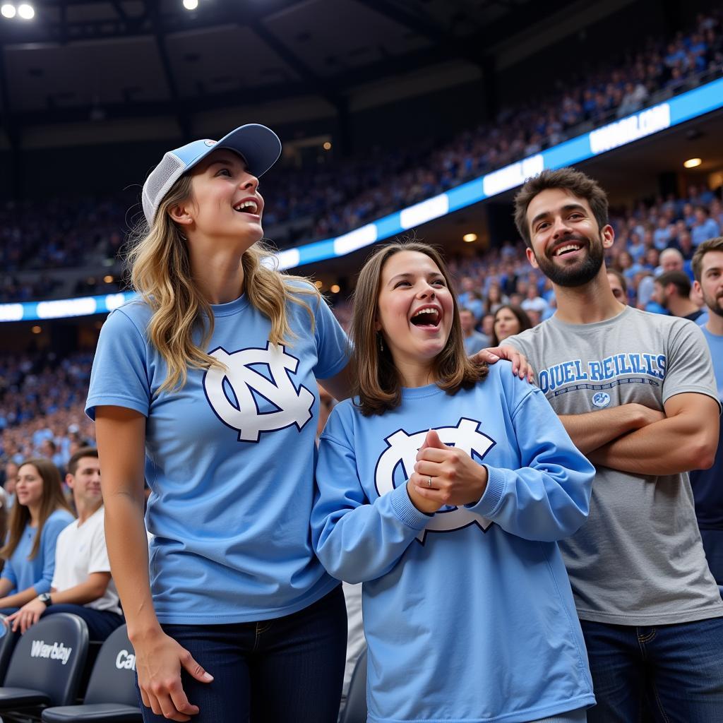 Family wearing Tar Heels shirts at a game