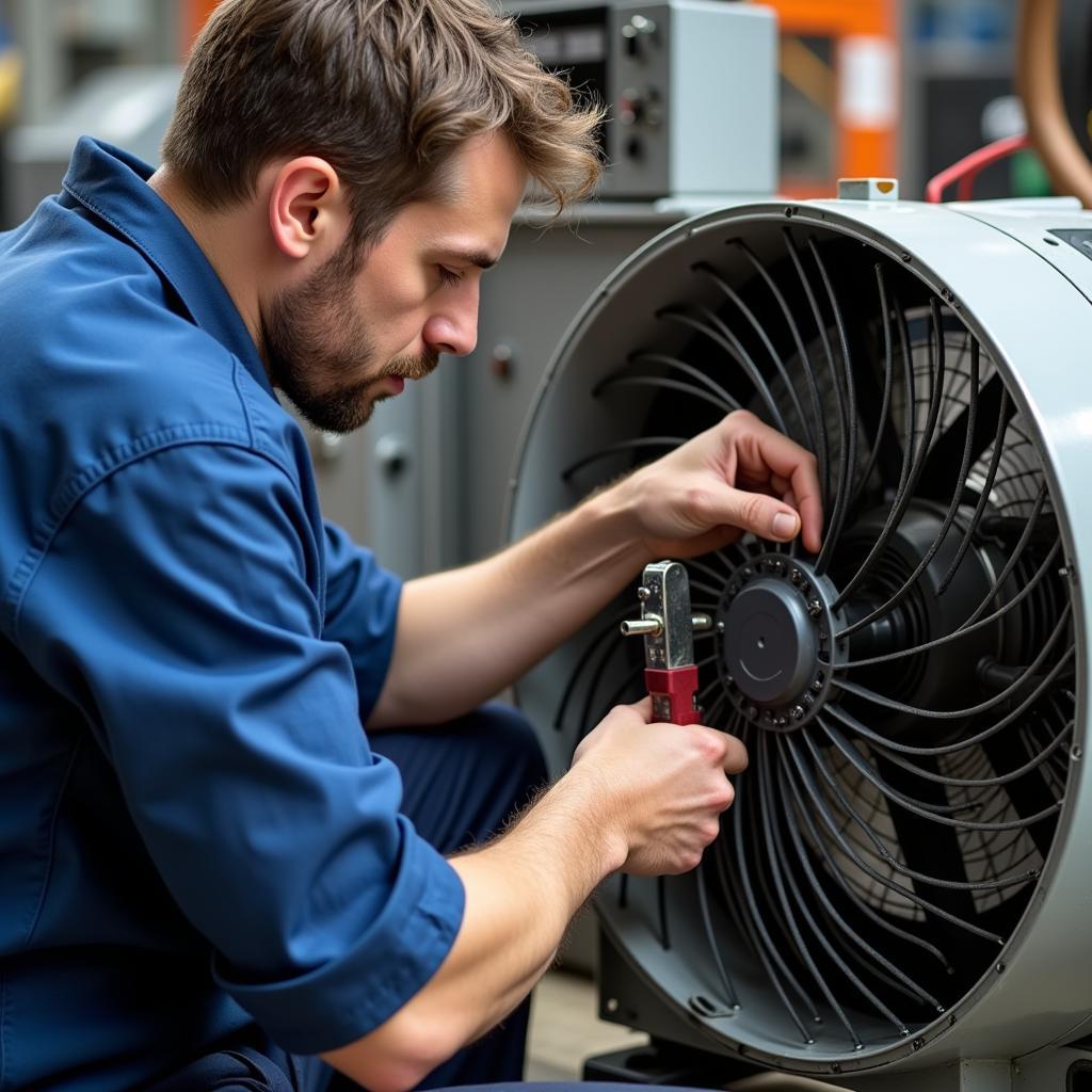 Technician repairing an electric fan