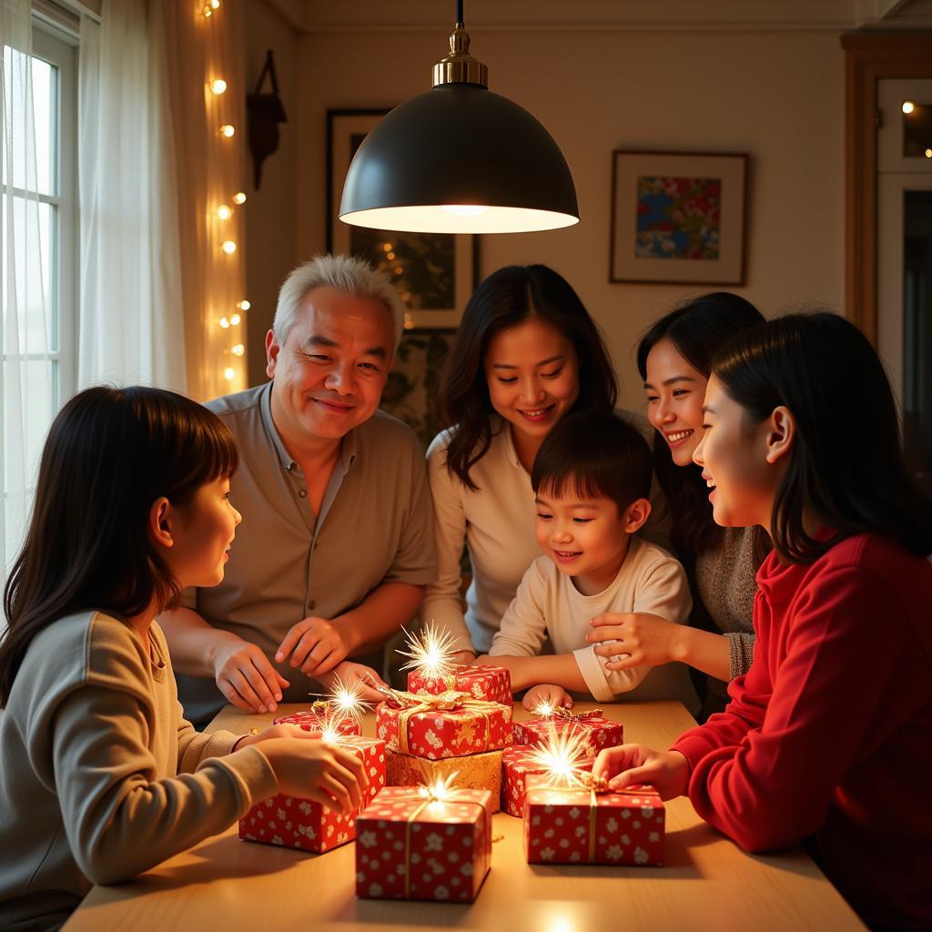 A Thai family gathered around a table with wrapped gifts, their faces full of anticipation.