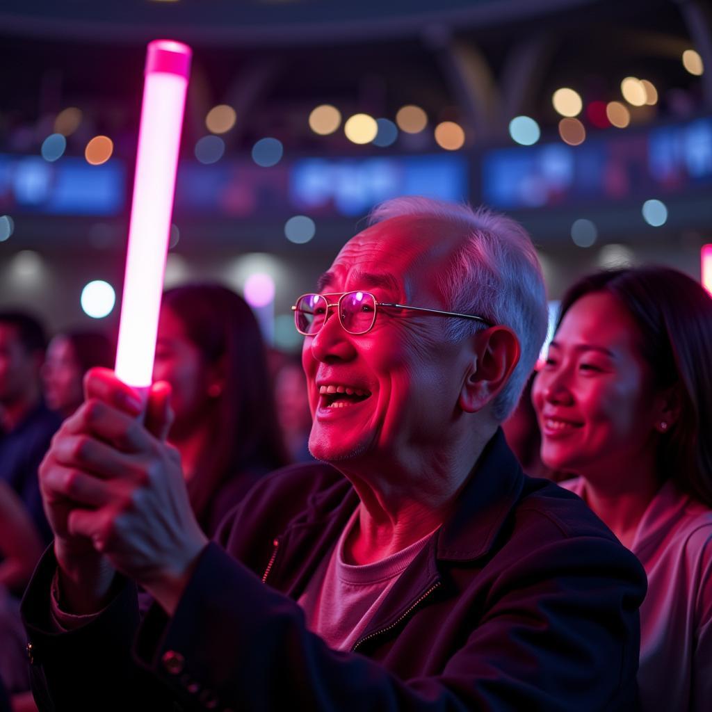 Elderly man holding SNSD lightstick at a concert