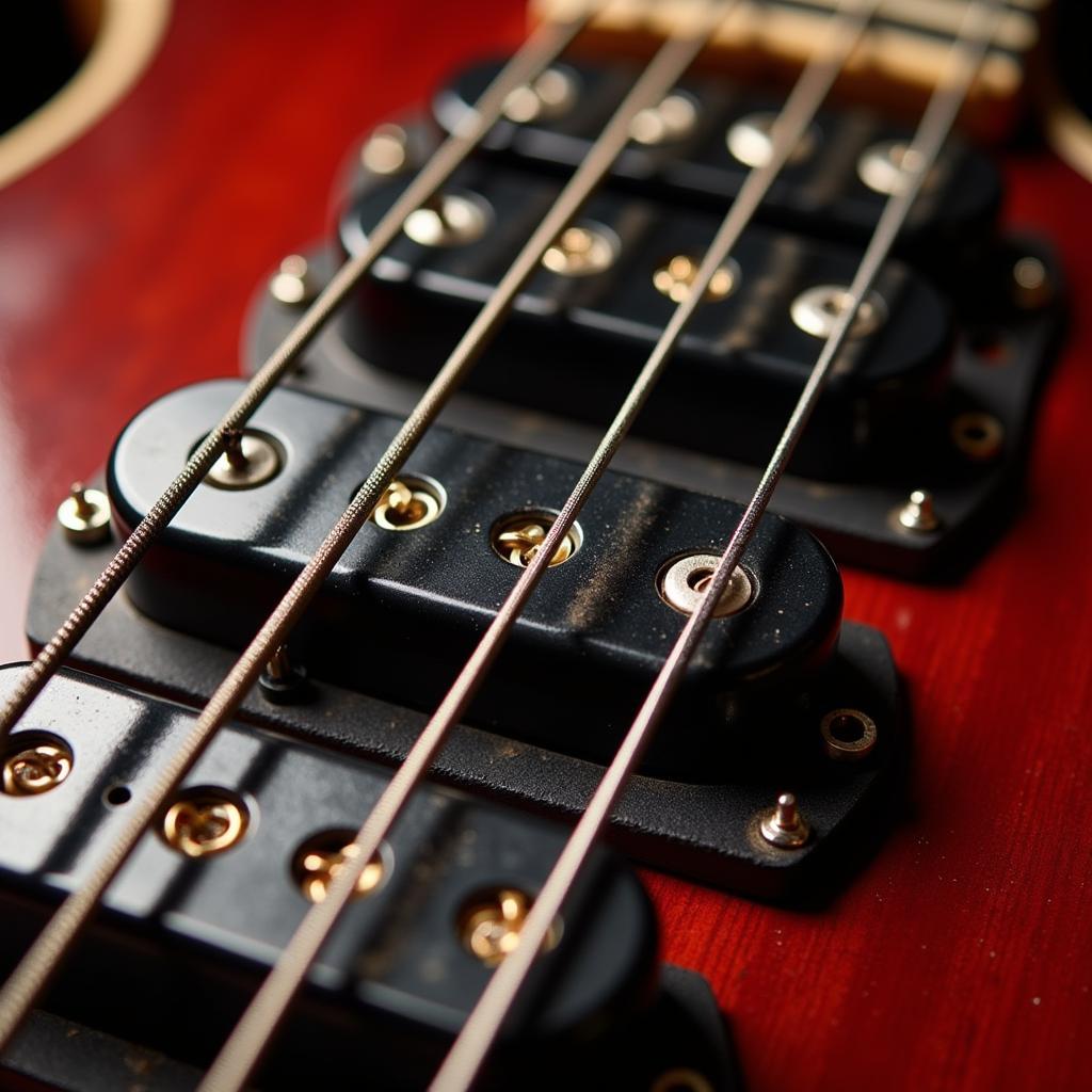 Close-up of three humbucker pickups on a bass guitar