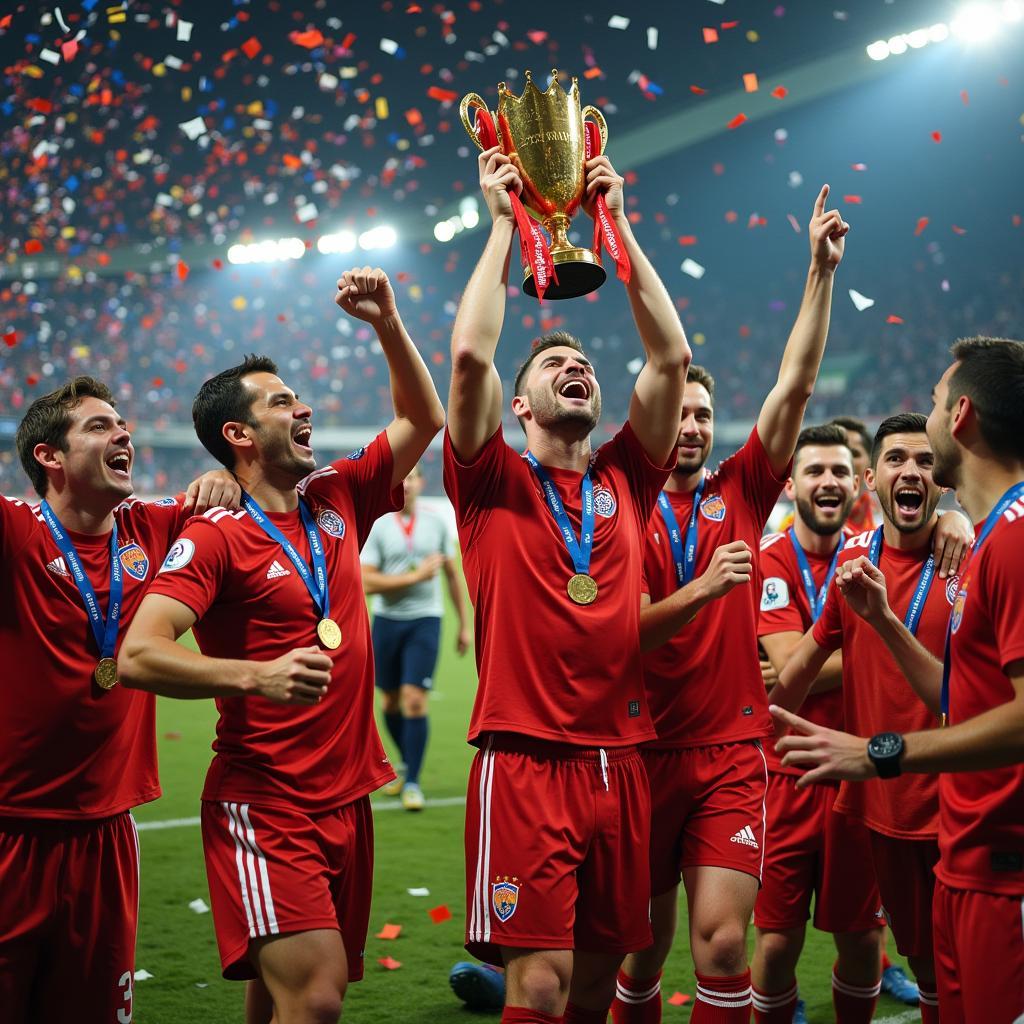 Winning team celebrates with trophy