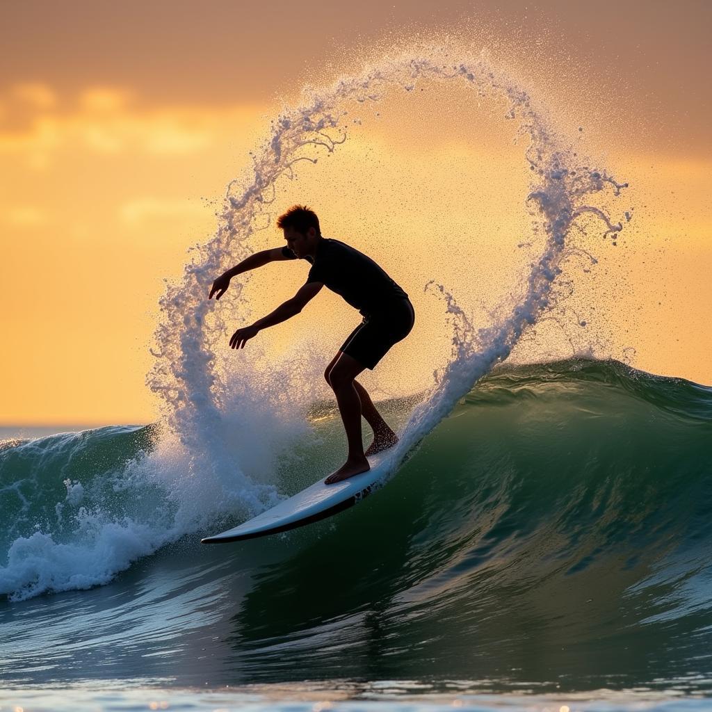 Surfer executing the twilight fanning maneuver